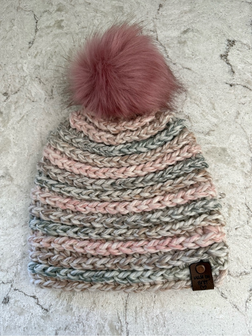 Adult Chunky Crochet with Removal Pom Beanie in Pink & Green